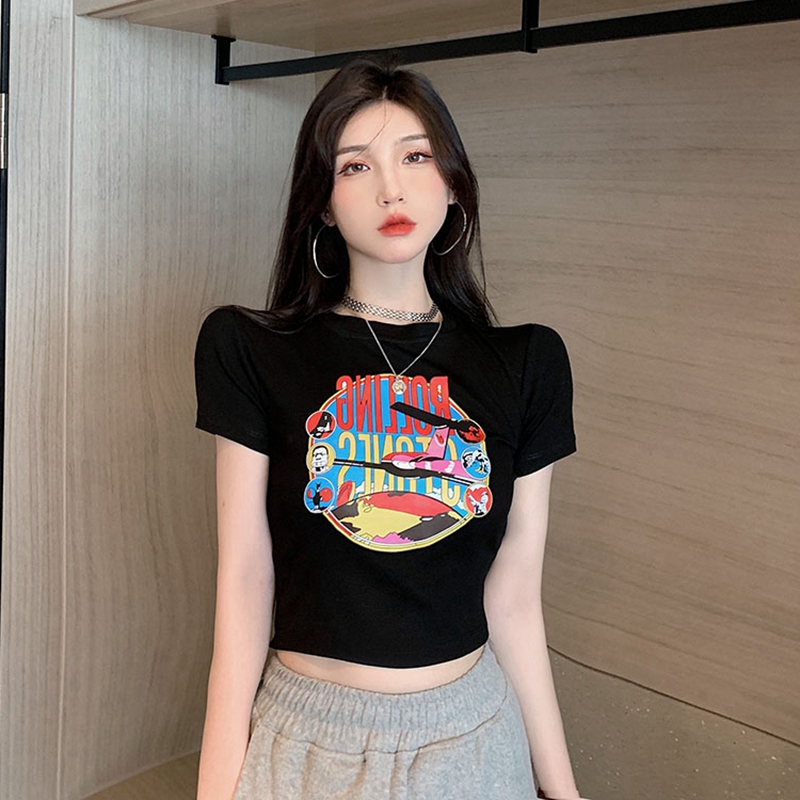 小个子修身短袖t恤女2025夏季新款黑色高腰短款印花露脐减龄上衣