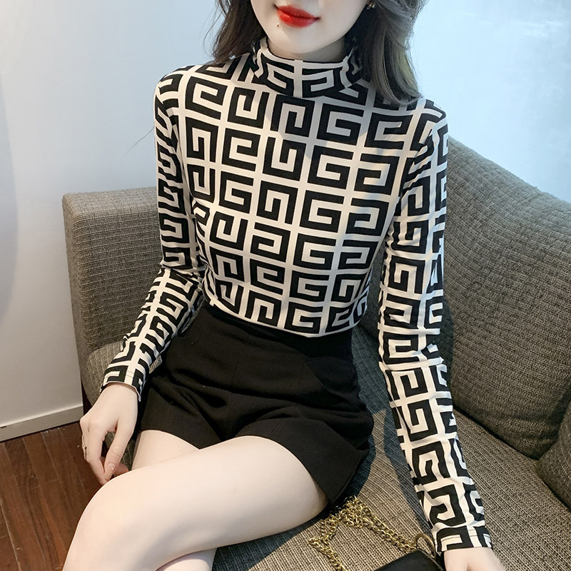 半高领黑色格子打底衫女士春秋季高级感洋派内搭修身显瘦长袖上衣,女装/女士精品,T恤,淘宝优惠券,粉丝福利购,淘宝优惠卷