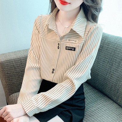 潮牌条纹Polo领长袖衬衫 女秋季新款宽松百搭上衣 薇姿若品牌时尚
