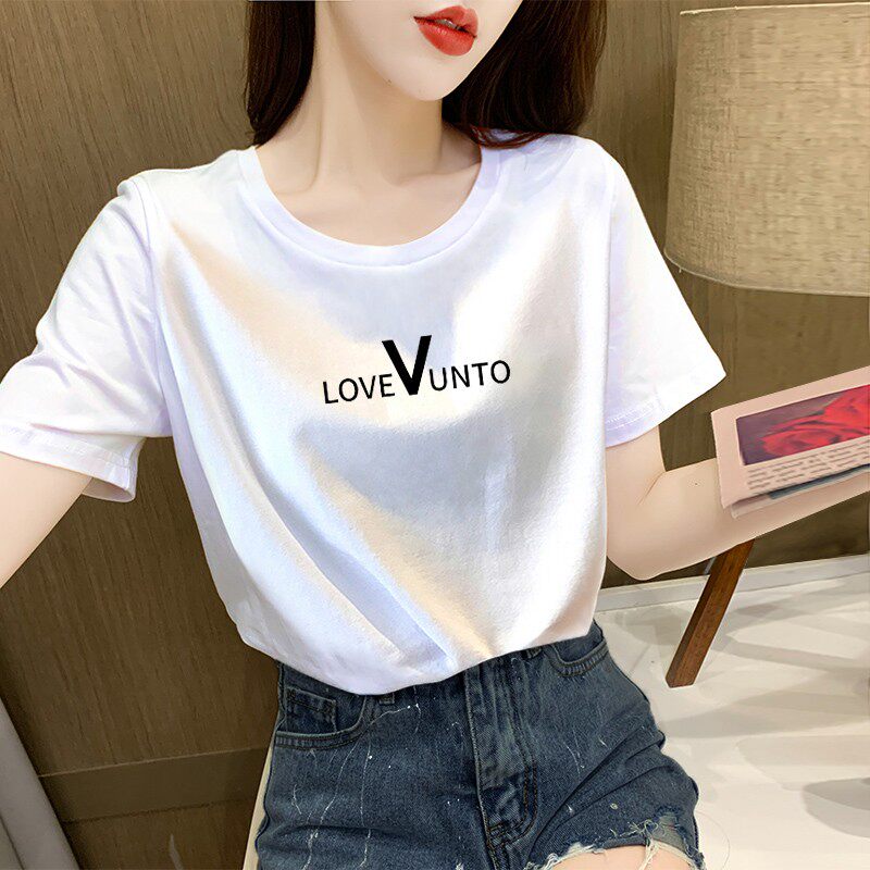 潮牌白色短袖t恤女2023新款宽松圆领打底衫夏季半袖露锁骨上衣ins