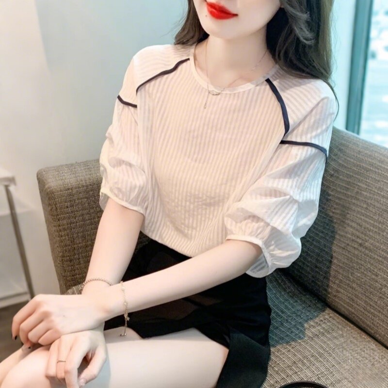 潮牌夏季中袖白色雪纺衬衫女2025新款七分袖上衣小衫短袖拼接衬衣