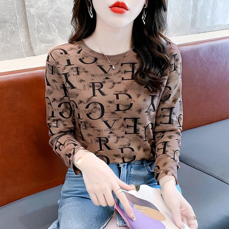 潮牌长袖T恤女新款秋季时尚洋派修身女士T恤字母印花女装上衣服
