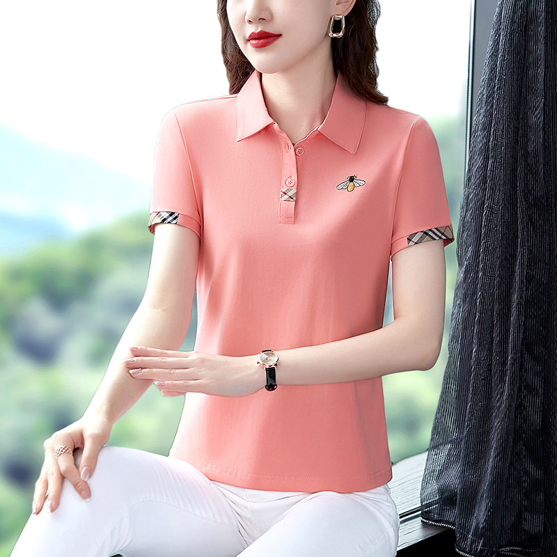 潮牌短袖t恤女夏装气质时尚洋气polo衫宽松显瘦大码上衣绣花翻领