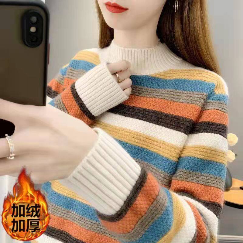 潮牌半高领毛衣女秋冬季加绒加厚新款洋气彩条宽松长袖内搭打底衫