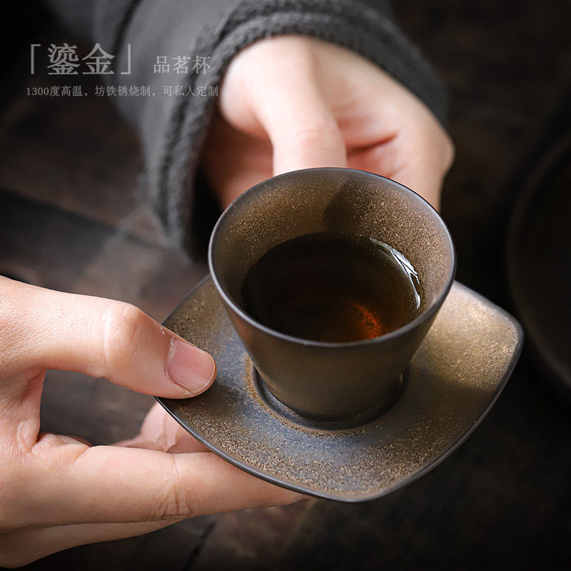 尚岩复古鎏金陶瓷茶杯品茗杯中式小茶碗功夫茶具喝茶杯主人杯定制