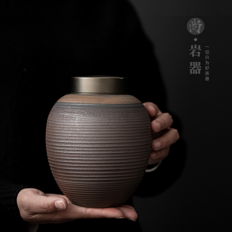 中式粗陶茶叶罐大号陶瓷茶罐家用密封存茶罐子红茶绿茶通用包装罐