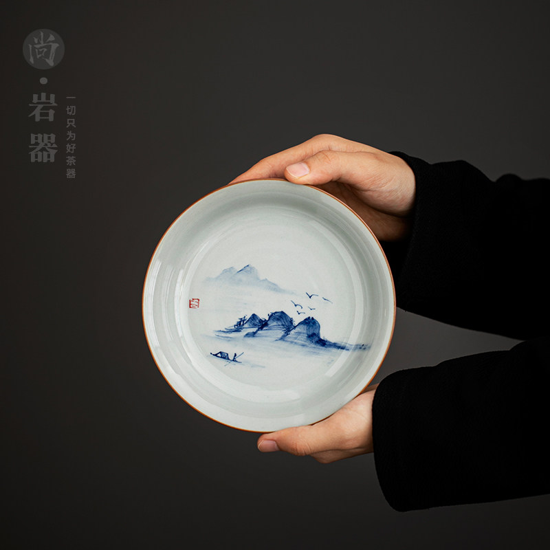复古手绘山水壶承陶瓷养壶垫功夫茶具干泡茶壶盖碗底座茶台小托盘
