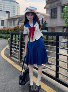 lulu cake孔雀蓝收腰水手服jk制服显瘦日系学院风短袖套装女