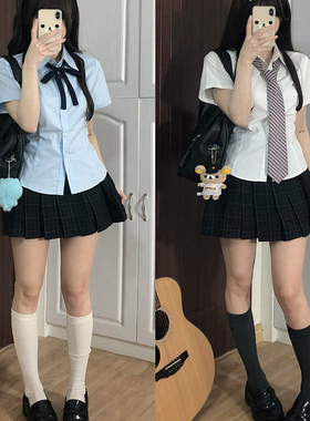 lulu cake原创学院风收腰显瘦白蓝短袖衬衫jk制服校供刺绣上衣女