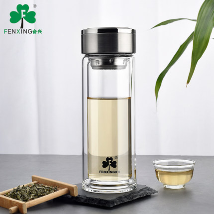 奋兴玻璃杯双层耐热便携水杯透明创意家用杯子带盖过滤男女士茶杯