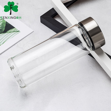 奋兴单层玻璃杯男女加厚便携泡茶杯带盖创意耐热防漏家用透明水杯