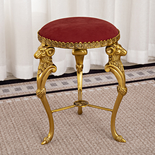 复古法式 卧室化妆凳古筝凳子高档 黄铜雕花梳妆凳红牛皮面圆形美式