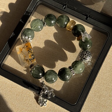 原创小树胶花牌+绿兔毛15mm+玛瑙平安扣+彩胶花+橄榄石天然手串