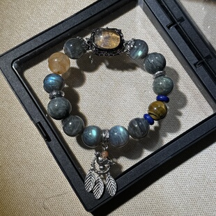 原创黄紫砂幽灵黑体灰月光13mm鹰眼石青金黄虎眼胶花手串【216】