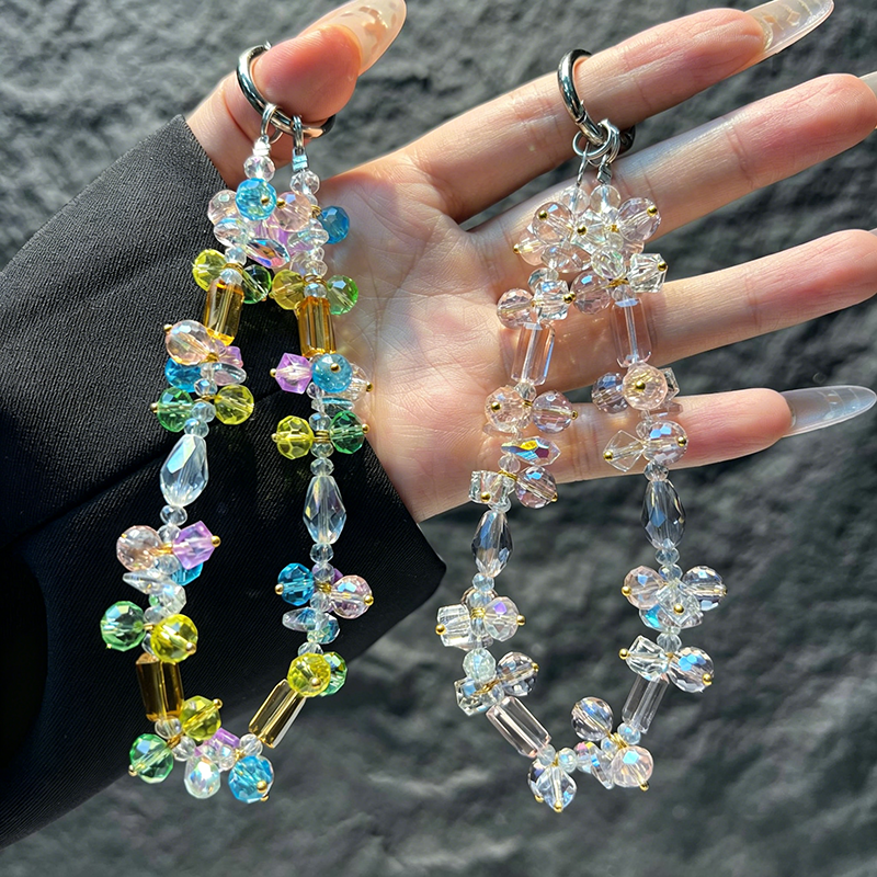 ins超闪幻彩水晶手机挂链小众重工马卡龙彩钻手工串珠手提短挂绳防丢钥匙包包链条女挂件