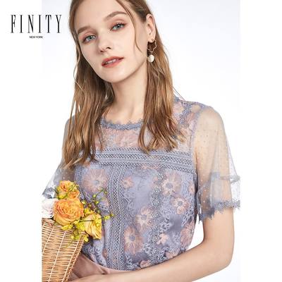 FINITY2022秋款女装蕾丝上衣女新款圆领短袖性感网纱绣花蕾丝衫