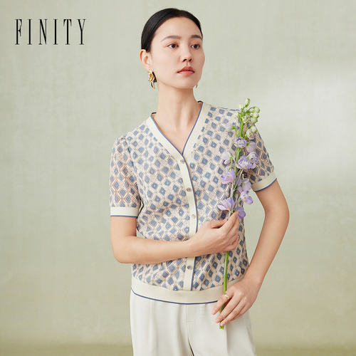 FINITY菲妮迪品牌针织衫2024夏季简约休闲风V领百搭短袖小衫女