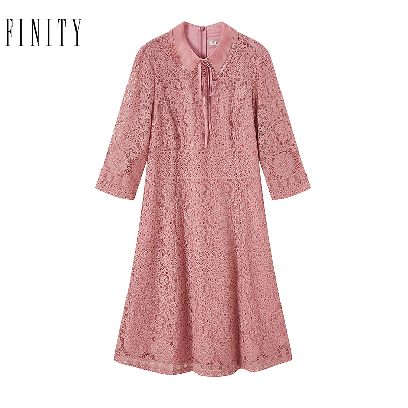 FINITY2024年秋装蕾丝连衣裙翻领系带中袖收腰减龄粉色裙子