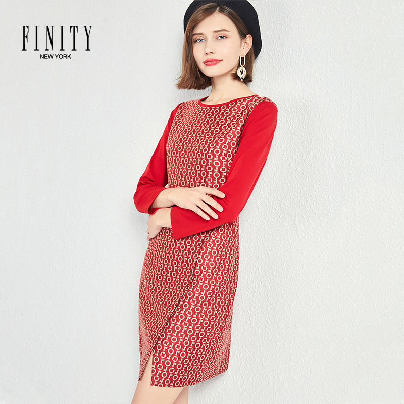 特价 FINITY专柜正品秋季时尚宽松圆领气质七分袖洋红提花连衣裙