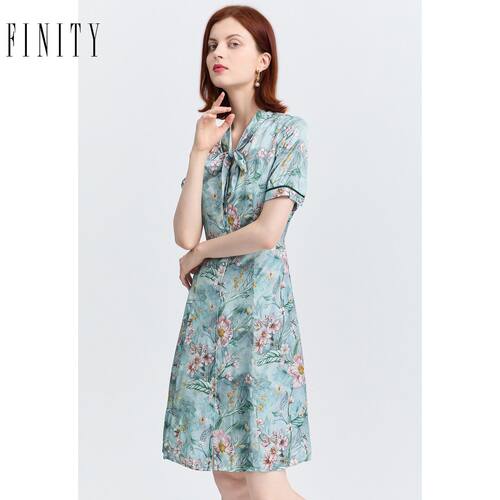 FINITY菲妮迪夏装飘带领印花连衣裙女洋气休闲中长款仙女裙女
