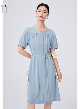 FINITY菲妮迪品牌连衣裙简约灰蓝色设计感短袖圆领裙子