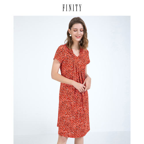 FINITY菲妮迪夏装印花修身连衣裙女收腰V领法式中长款裙子女
