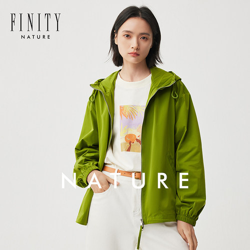 【NATURE系列】菲妮迪品牌短外套2024秋简约草绿色连帽上衣女