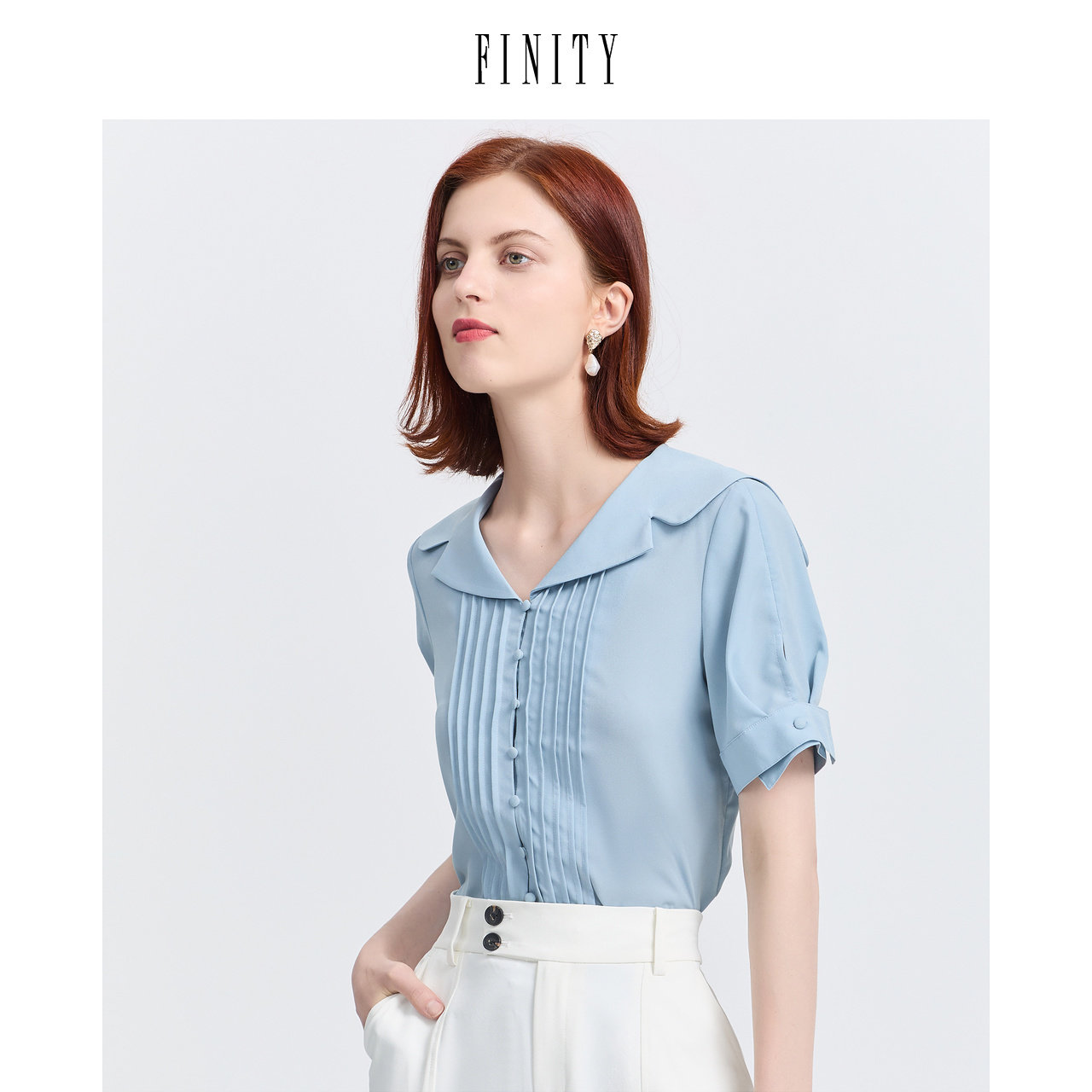 FINITY菲妮迪夏装纯色百搭雪纺衫女短袖V领气质职业开衫上衣