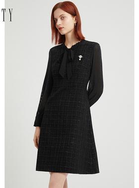 FINITY连衣裙2024年秋季黑色亮丝简约气质收腰中长款小黑裙女