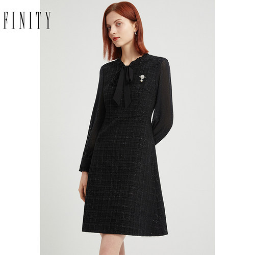 FINITY连衣裙2024年秋季黑色亮丝简约气质收腰中长款小黑裙女