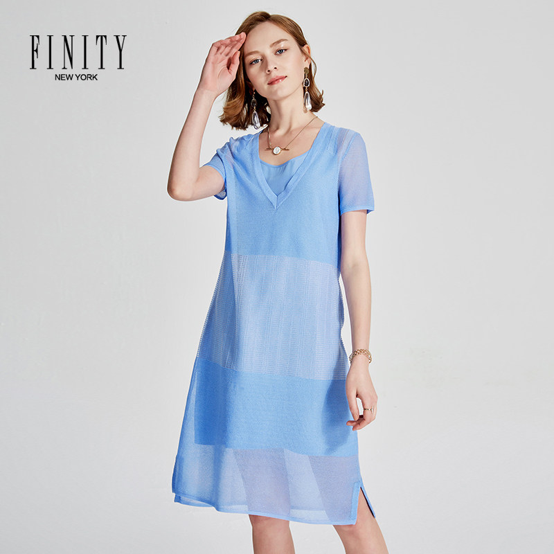 finity官方正品连衣裙春新款女夏针织连衣裙中长款复古连衣裙