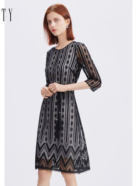 FINITY菲妮迪黑色蕾丝连衣裙夏装名媛气质收腰显瘦大牌网纱裙