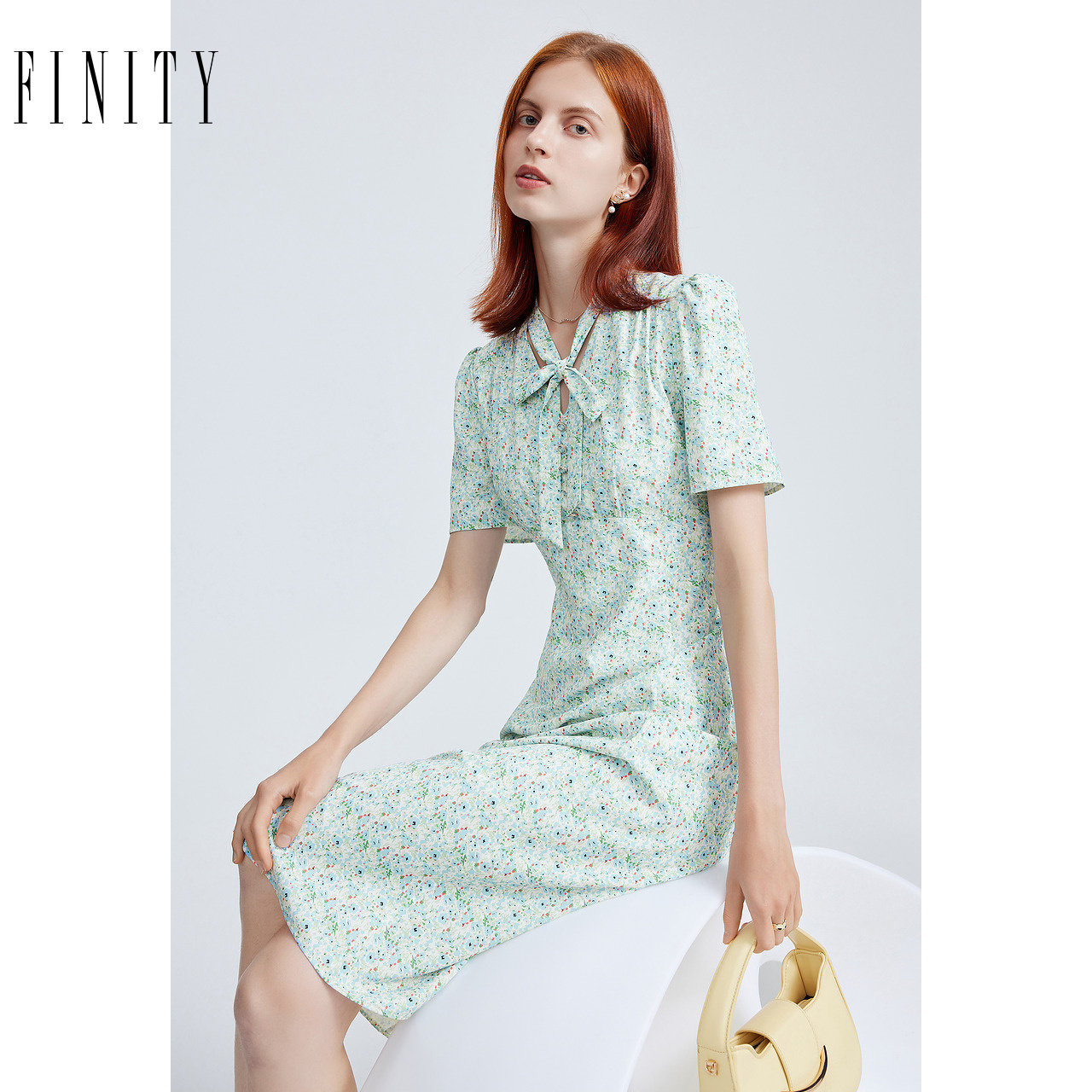 FINITY菲妮迪品牌连衣裙简约气质丝带领时尚设计感短袖裙