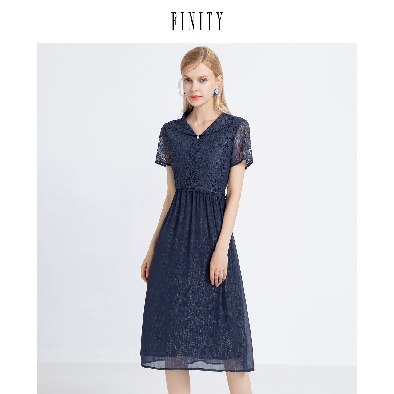 FINITY菲妮迪夏装蕾丝镂空气质连衣裙女轻奢高端修身中长款裙子