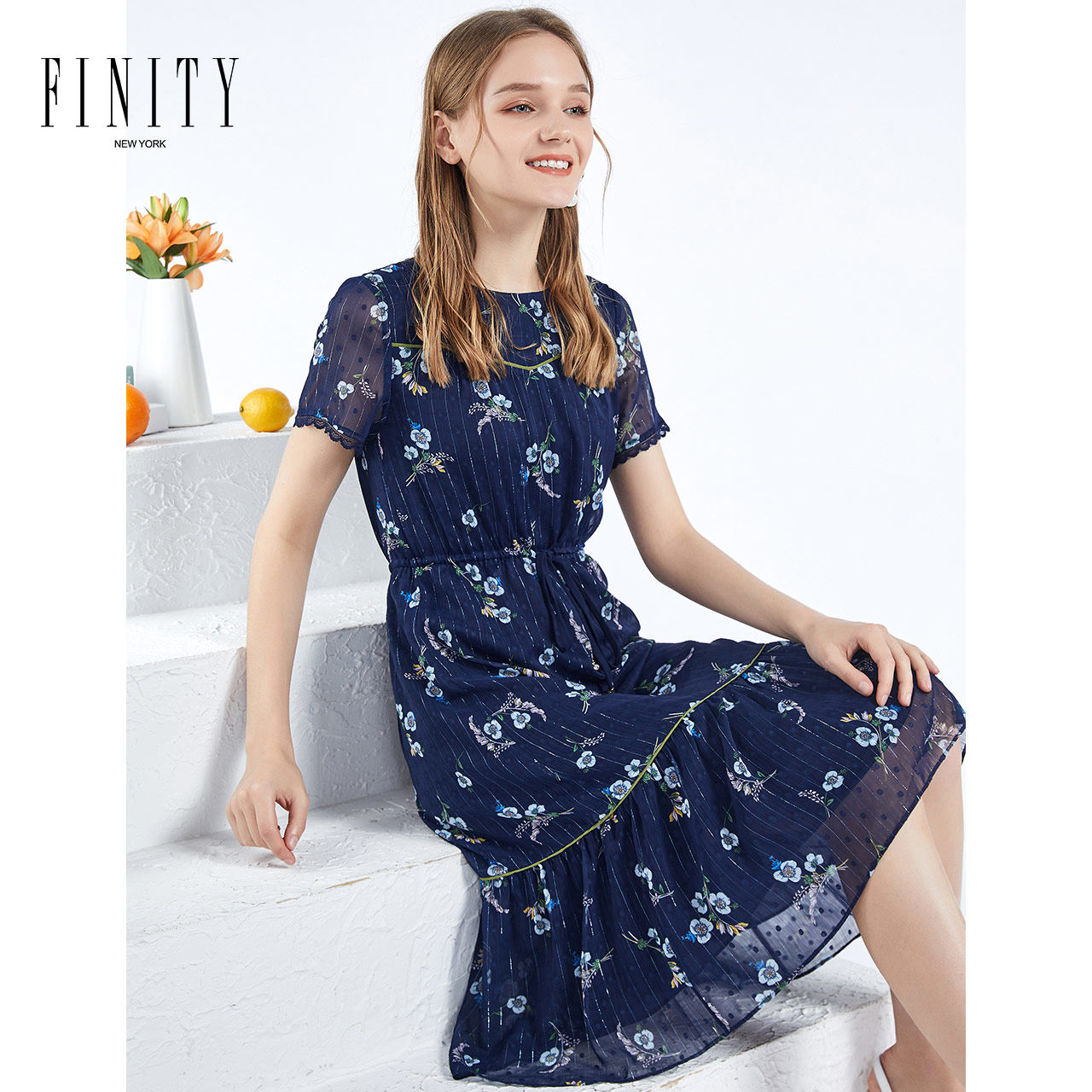 FINITY菲妮迪女装春夏系带收腰显瘦连衣裙短袖薄款拼接印花裙子