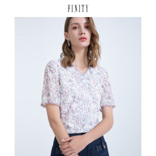 FINITY菲妮迪夏裝 休閑氣質(zhì)淑女輕薄上衣 女短袖 印花雪紡衫