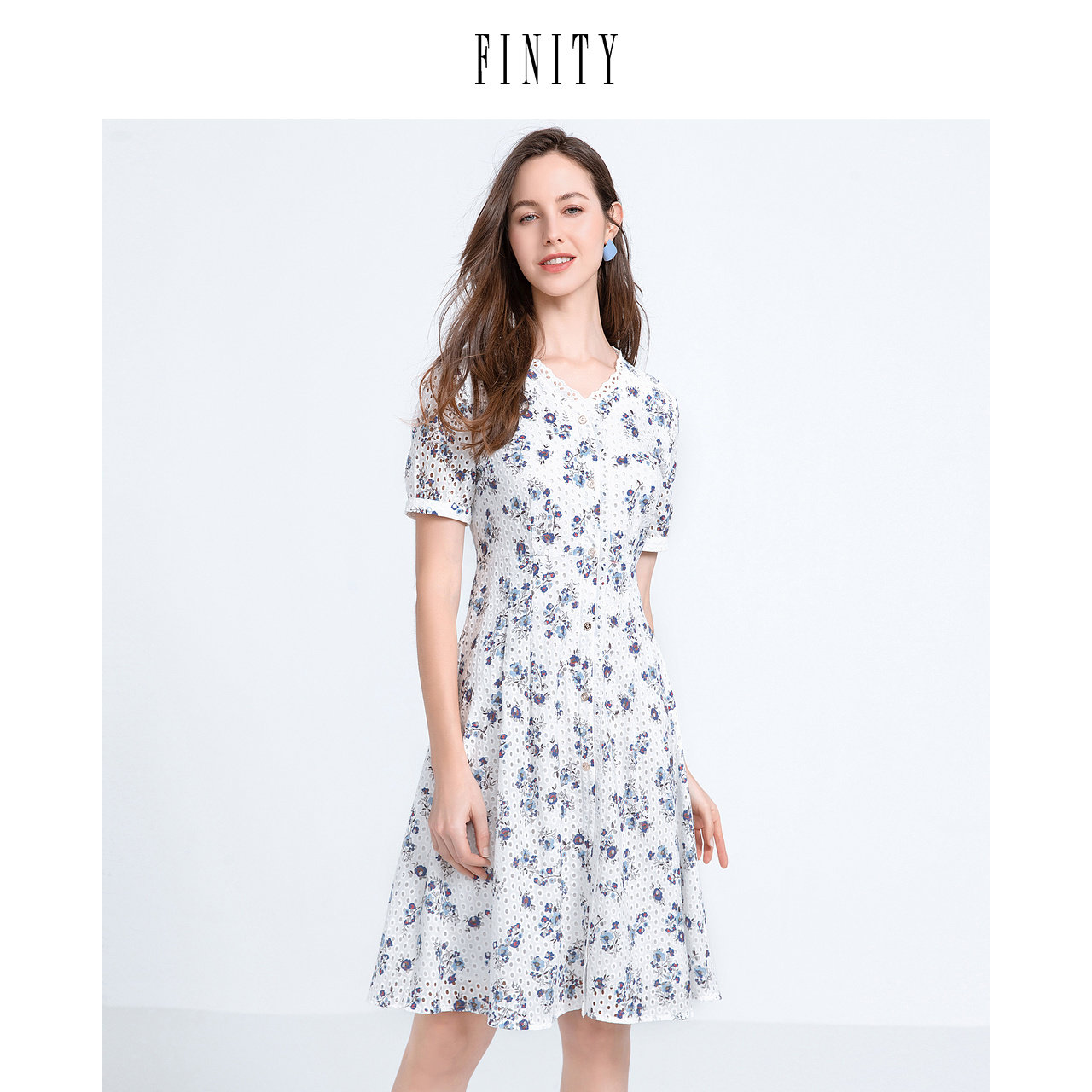 FINITY菲妮迪夏装新纯棉短袖碎花连衣裙女复古气质中长款仙女裙女