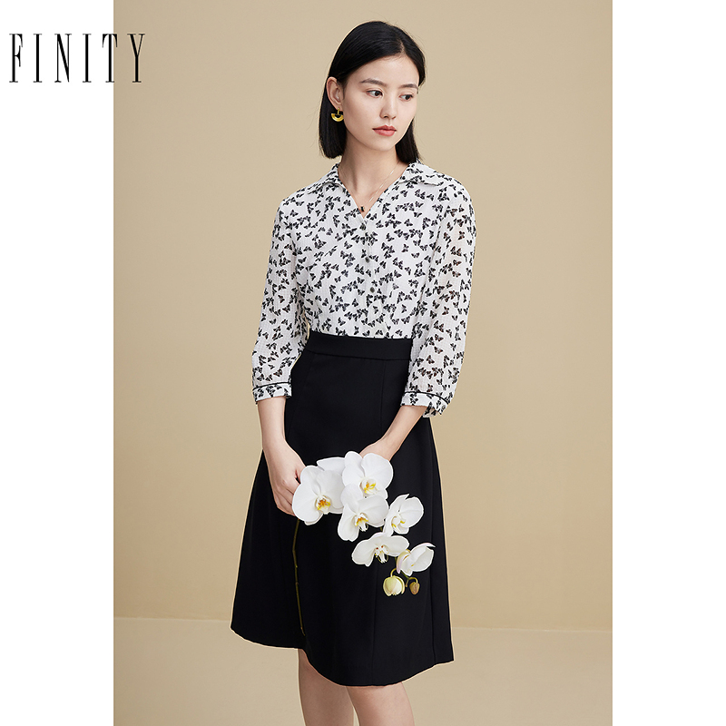 菲妮迪假两件连衣裙2024秋季简约拼接设计感时尚通勤印花裙子