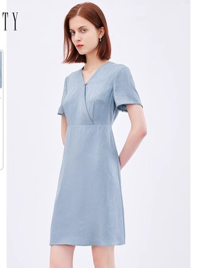 FINITY菲妮迪蓝色雪纺连衣裙名媛气质收腰显瘦时尚中裙