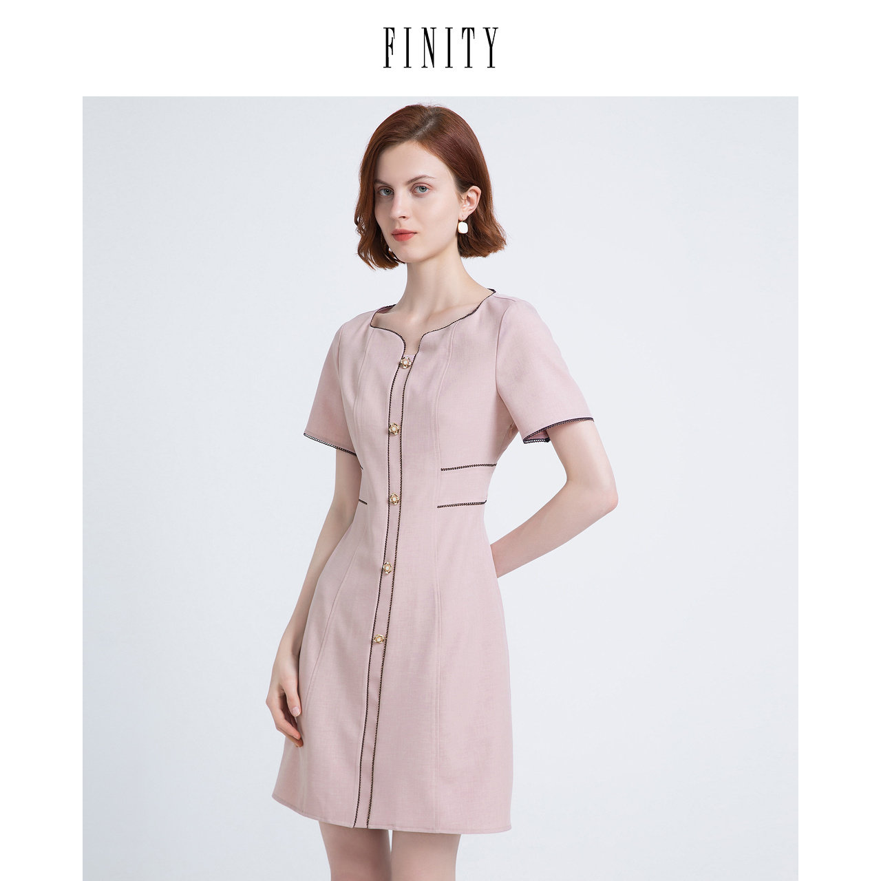 FINITY菲妮迪夏装职业气质单排扣连衣裙女设计感中长裙子女