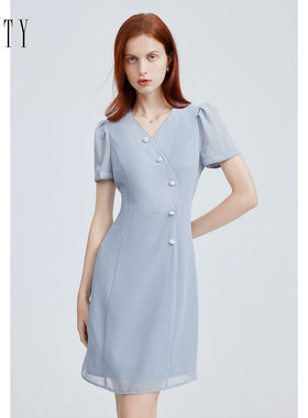 FINITY菲妮迪2024夏季气质纯色短袖连衣裙设计感休闲中长款裙子女