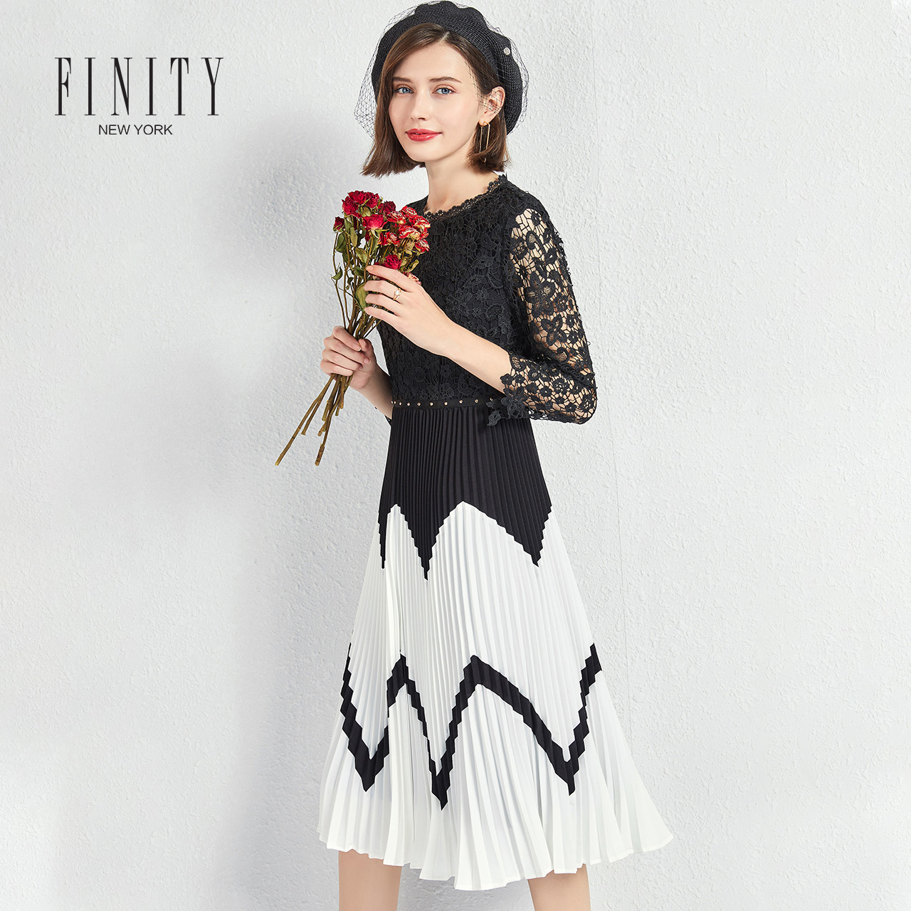 FINITY2021春款女装新款收腰显瘦气质蕾丝连衣裙性感流行a字裙子