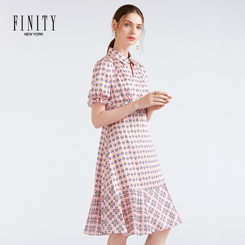 FINITY菲妮迪荷叶边裙子女泡泡袖显瘦时尚印花衬衫裙连衣裙