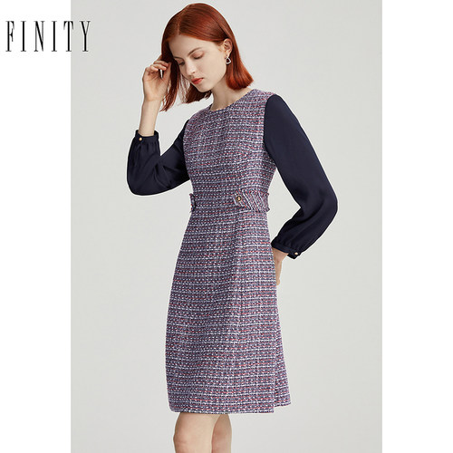 FINITY针织连衣裙2024秋季拼接设计感简约气质高腰显瘦裙子女