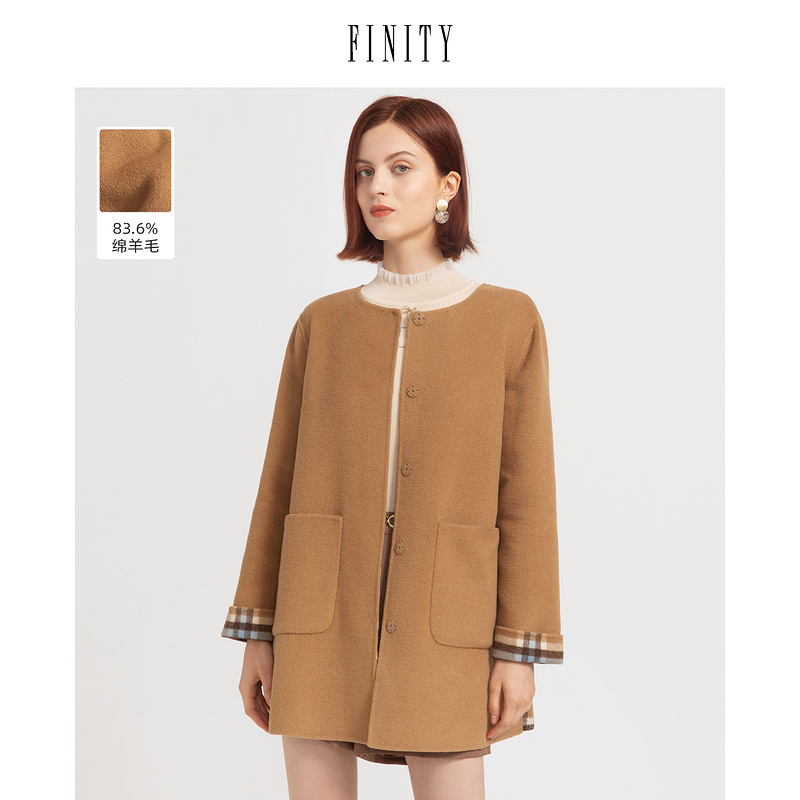 FINITY2022年冬季新款毛呢外套短款羊毛长袖拼接气质宽松大衣女