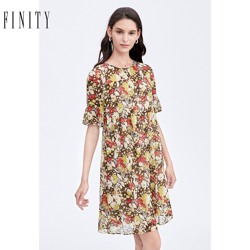 FINITY2024年秋季印花连衣裙气质法式休闲设计感中长款裙子女