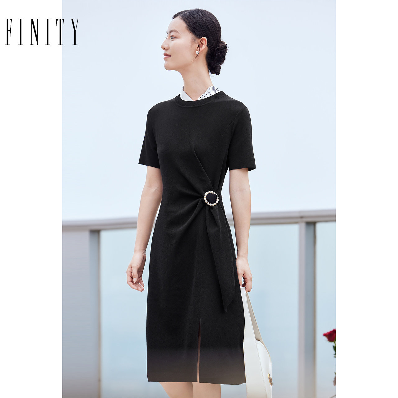 FINITY菲妮迪品牌连衣裙简约气质黑色收腰显瘦短袖A字裙