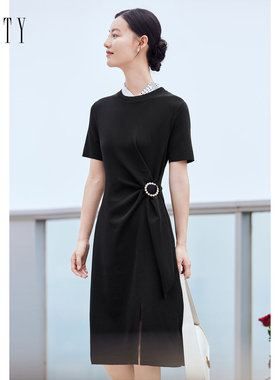 FINITY菲妮迪品牌连衣裙简约气质黑色收腰显瘦短袖A字裙