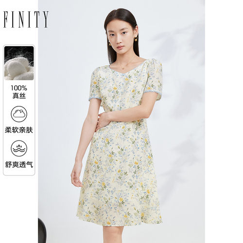 【100%桑蚕丝】FINITY菲妮迪真丝连衣裙夏季高端轻奢短袖A字裙