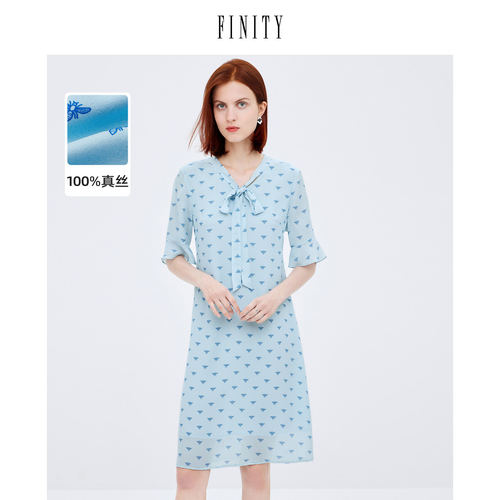 【100%桑蚕丝】FINITY菲妮迪真丝连衣裙秋季别致飘带领设计感裙子